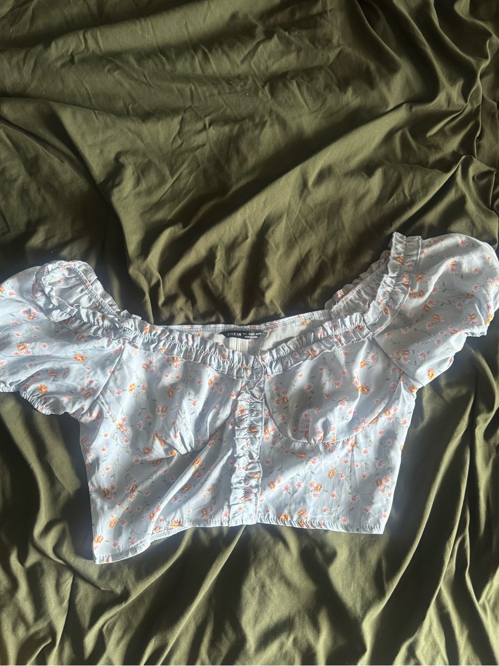 Light Blue Floral Puff Sleeve Crop Top